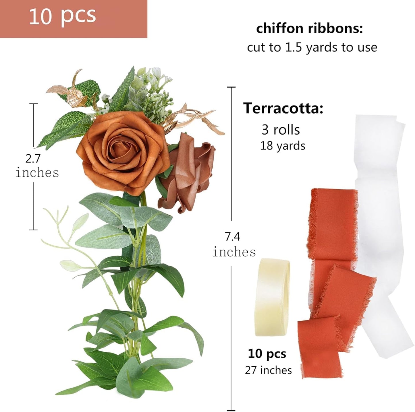 Meldel 10Pcs Wedding Chair Decorations Aisle Flowers Swag Artificial Flower Ivory Orange Garland with Ribbion for Ceremony Reception Church Rose Floral Faux Arrangement Party Outdoor Pew Decor