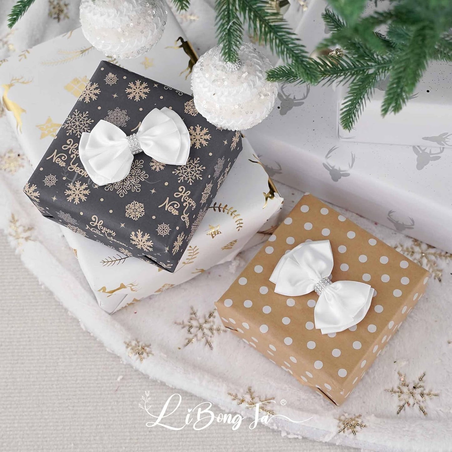 White Satin Bows 4'' Premade White Ribbon Bows, Gift Bows with Rhinestone, Wrapping Bows for Presents, Greeting Cards, Treat Bags, Wine Bottles, Valentines Bows for Gift Wrapping-12 Counts