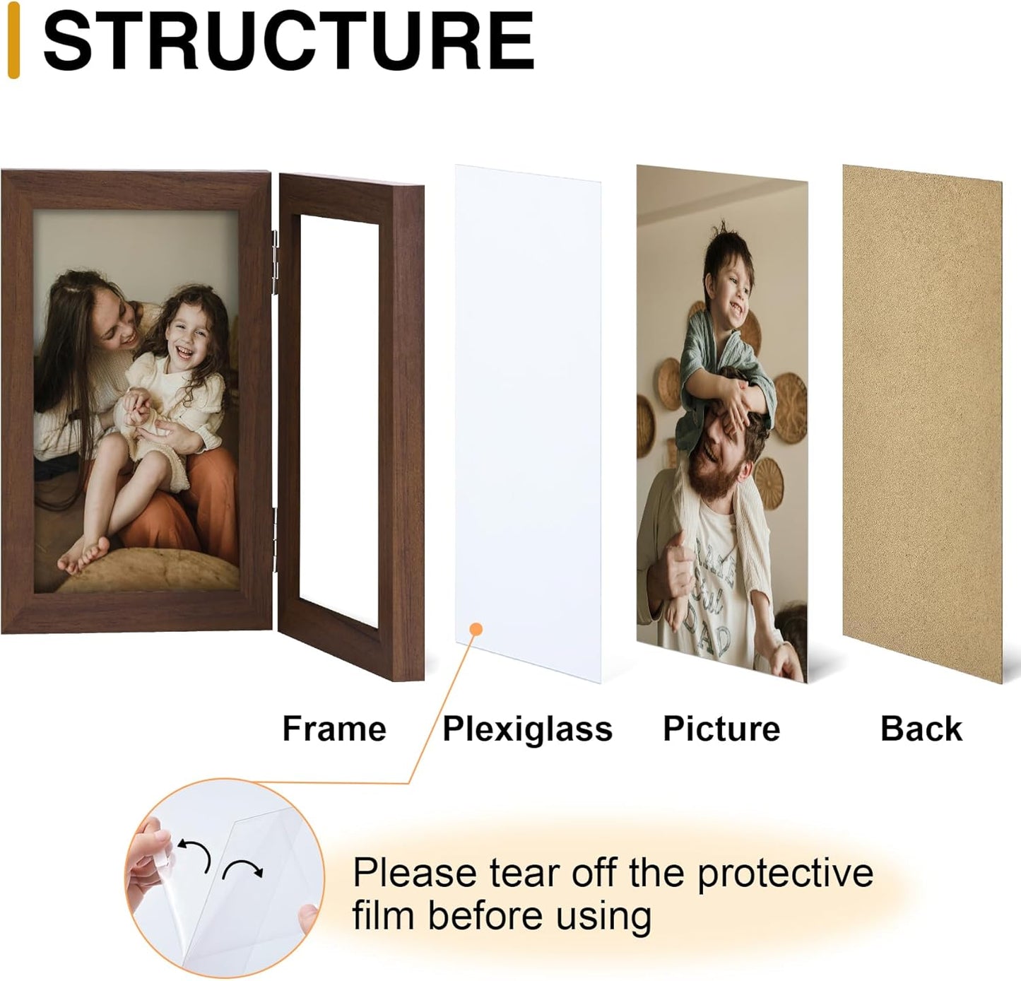 decorUhome Double 4x6 Picture Frame Vertical, Engineered Wood Bifold Photo Frame with Plexiglass for Tabletop Display, 4x6, Brown