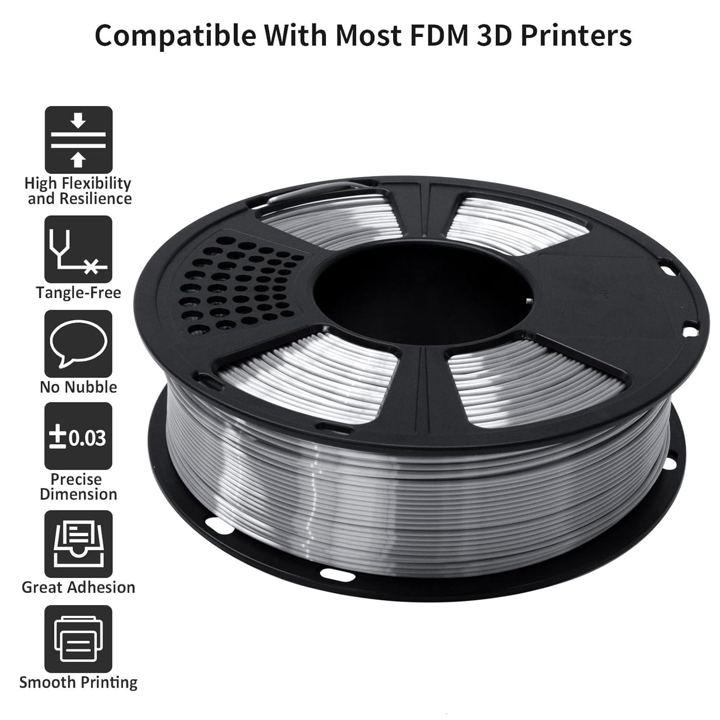 GIANTARM Silk Metallic Silver PLA 3D Printer Filament 1kg Spool, 1.75mm Dimensional Accuracy +/-0.03mm, 1080 Feet per Roll, Vacuum Packaging
