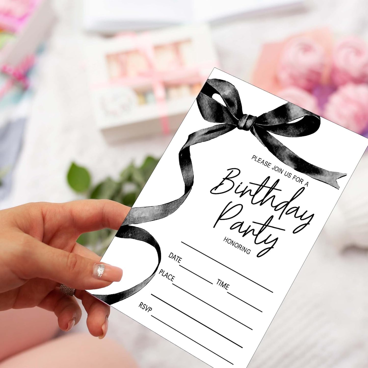 SIXEIGHT Black Bow Birthday Invitations, Black Ribbon Bow Birthday Party Invitations, 20 Party Invitations with Envelopes for Girls Boys, Birthday Party Favor & Decoration (4"x6")-A01