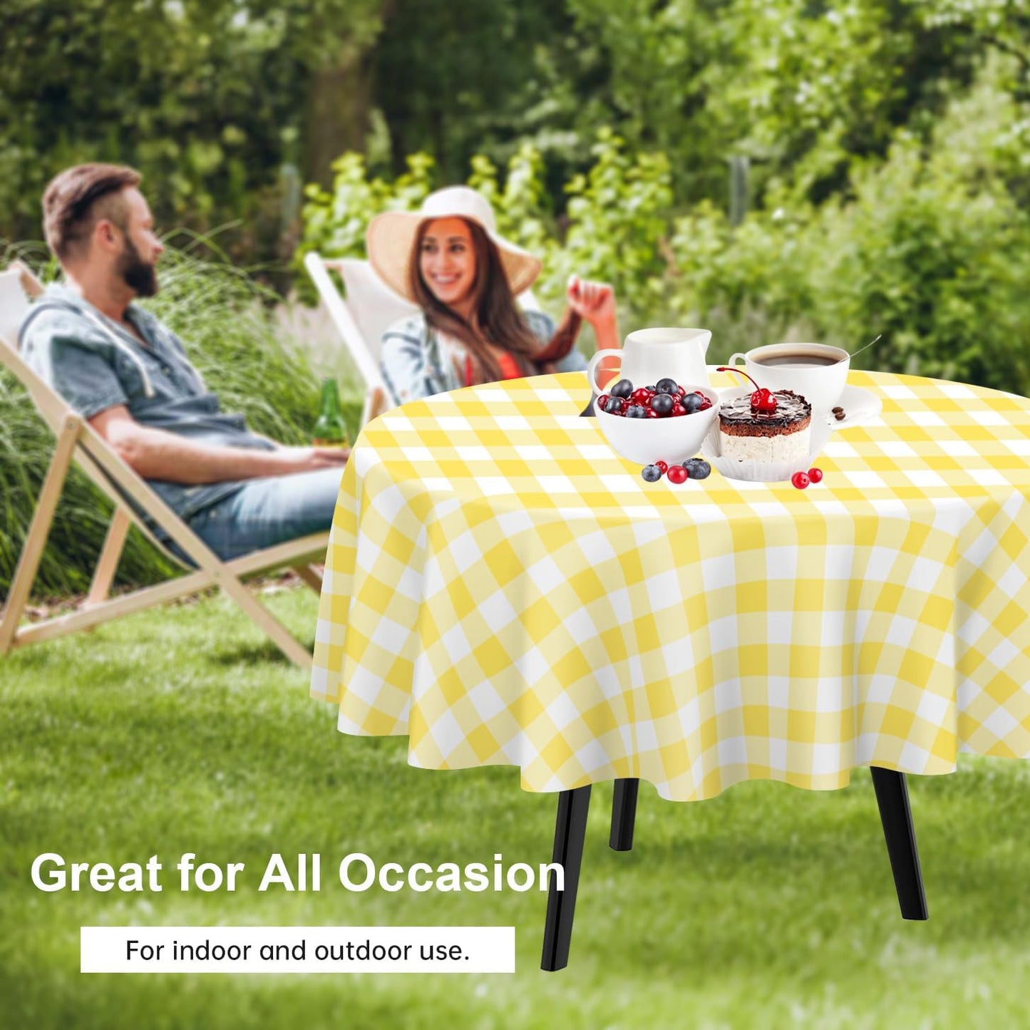 QIKSION Yellow Gingham Round Tablecloth 2 Pack, 84 Inch Plastic Checkered Table Cover Disposable for Parties