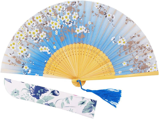 Amajiji 8.27"(21cm) Hand Held Bamboo Silk Folding Fan Hand Fan,Chinese/Japanese Charming Elegant Vintage Retro Style,Women Ladys Girls Best Gifts (SkyBlue)