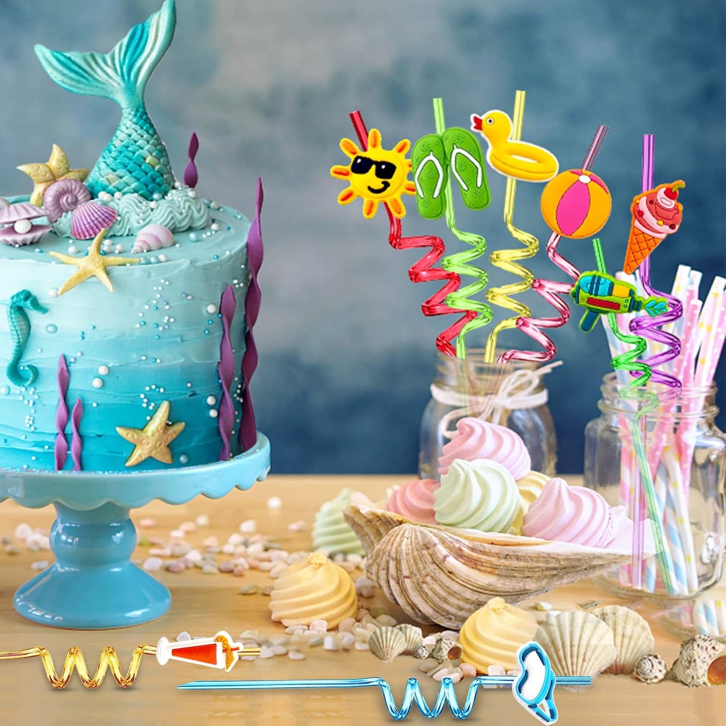 24Pcs Beach Drinking Straws Beach Ball Pool Summer Birthday Party Supplies Decorations with 2Pcs Cleaning Brushes