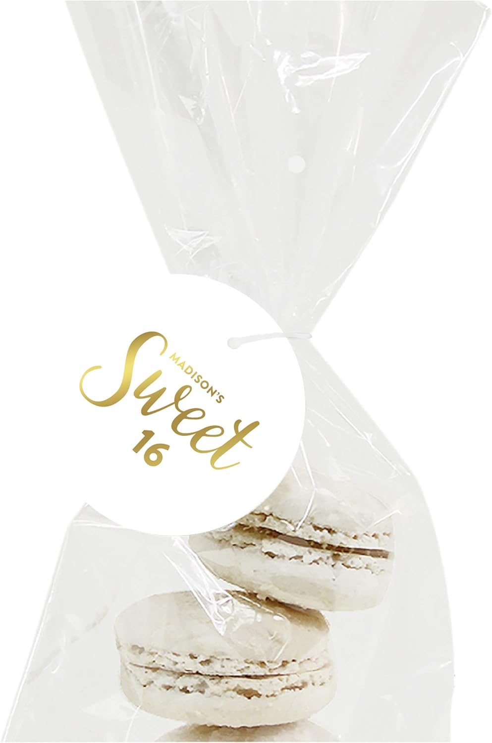 Andaz Press Personalized Round Circle Birthday Gift Tags, Metallic Gold Ink, Sweet 16 Birthday, 24-Pack, Custom Made Name, Not Gold Foil