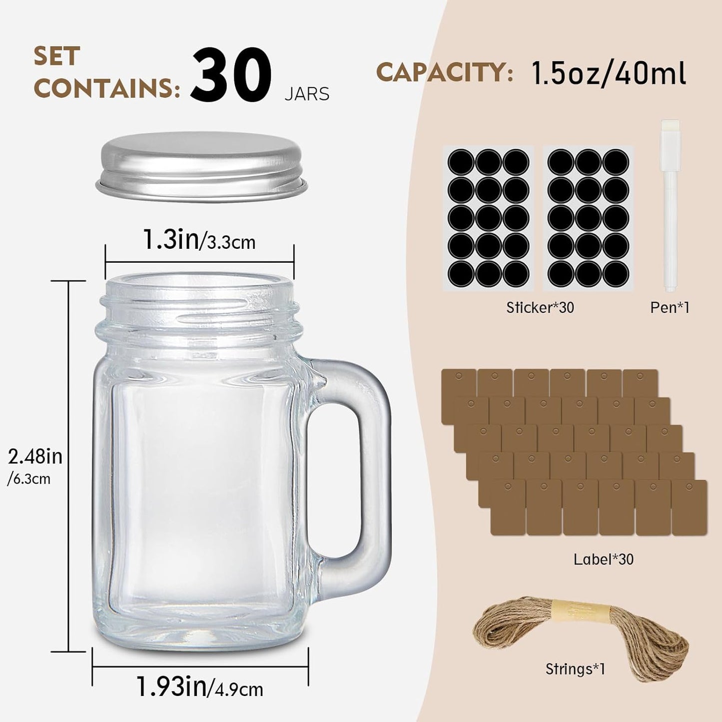 30 Pack Small Mason Jars, 1.5 oz Mini Mason Jar Glasses with Lids & Handles Mini Honey Jars DIY Decorations,Glass Favor Jars for Drink, Dessert, Candle, Craft, 30 Labels and Hemp Rope & Pen