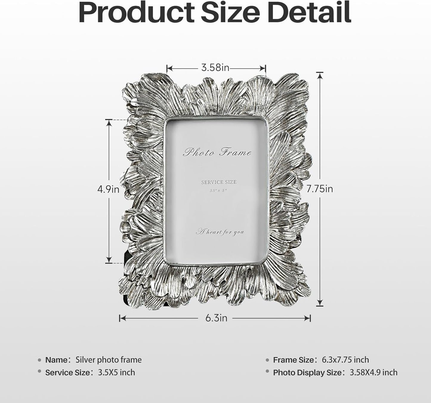 Silver 3x5 Picture Frame, Vintage Silver Palm Leaves Textured Hand-Crafted Resin with Glass Front, Small Frames Elegant Retro Rustic Design for Wall and Tabletop Display Home Decor