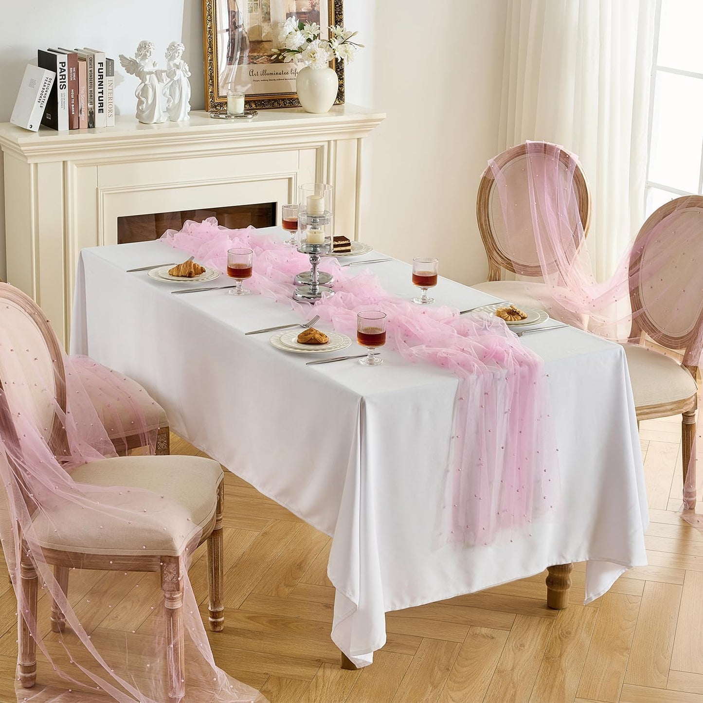 Fanami 6 Pack Pearl Table Runner -10FT Blush Pink Boho Tulle Table Runners 120 Inches Long Rustic Sheer Lace Fabric Centerpieces for Wedding Arch Birthday Party Bridal Veil Baby Shower Decorations