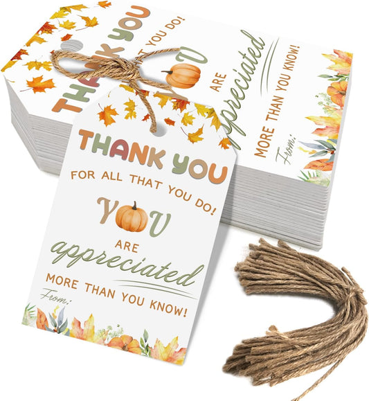 50pcs Thanksgiving Thank You Gift Tags, Friendsgiving Favor Tags with String for Teacher Staff Appreciation Favors Decoration (Appreciation)