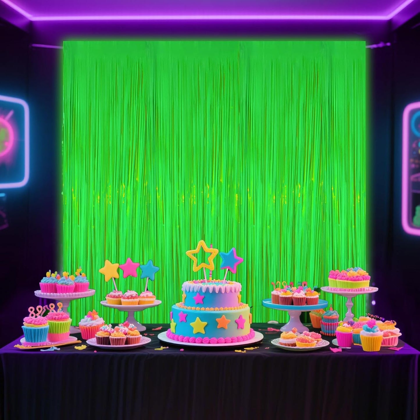 Glow in The Dark Party Supplies, 4 Packs Neon Party Decorations, Macaron Green Blacklight Reactive Fluorescent Tinsel Foil Fringe Curtains, Luminous Backdrop Streamers for Birthday, Photo Booth Prop
