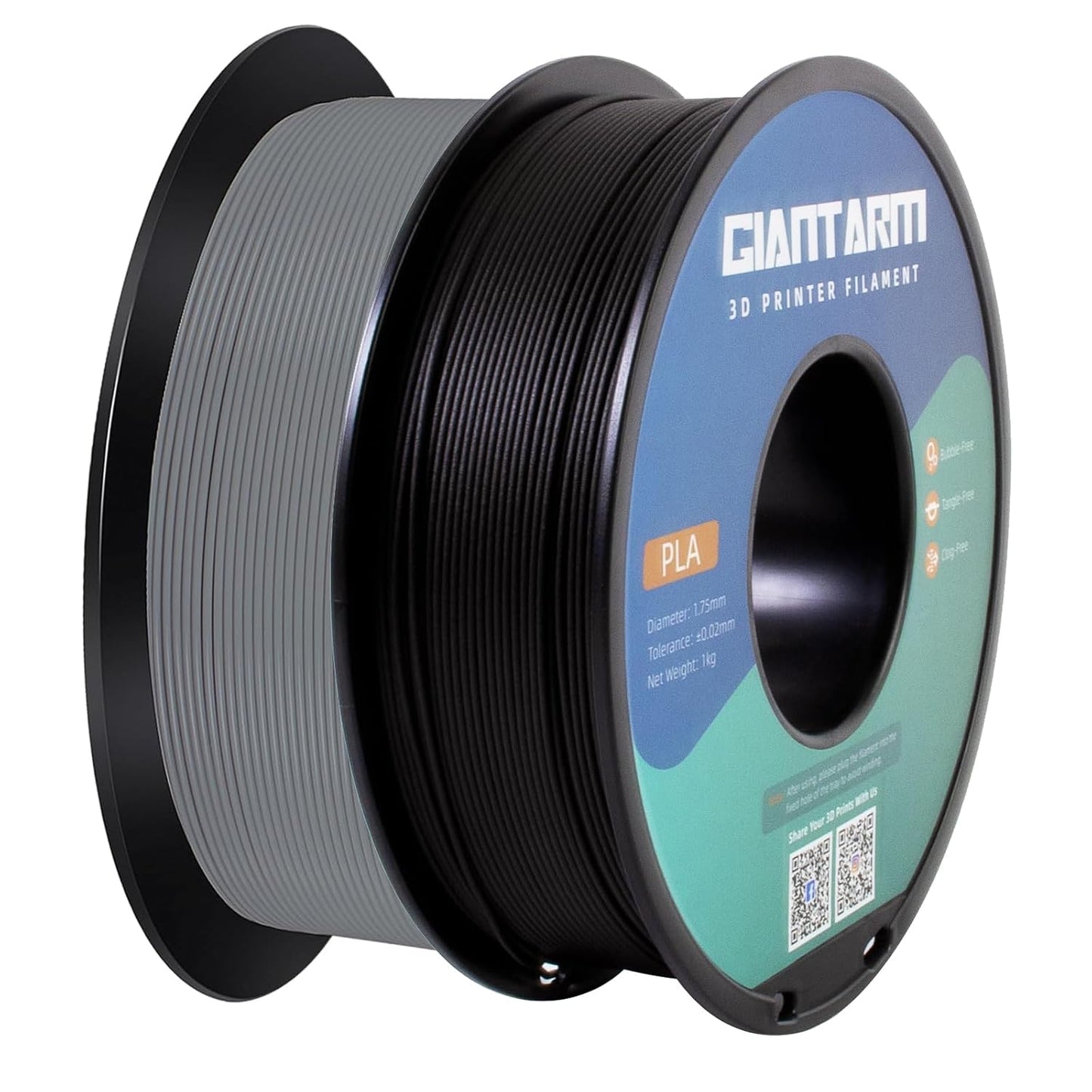 GIANTARM 3D Printer Filament,Black & Grey 2kg PLA Filament 1.75mm,Dimensional Accuracy +/- 0.02 mm,2pcs 1kg Spool (2.2lbs) Fit Most FDM 3D Printers