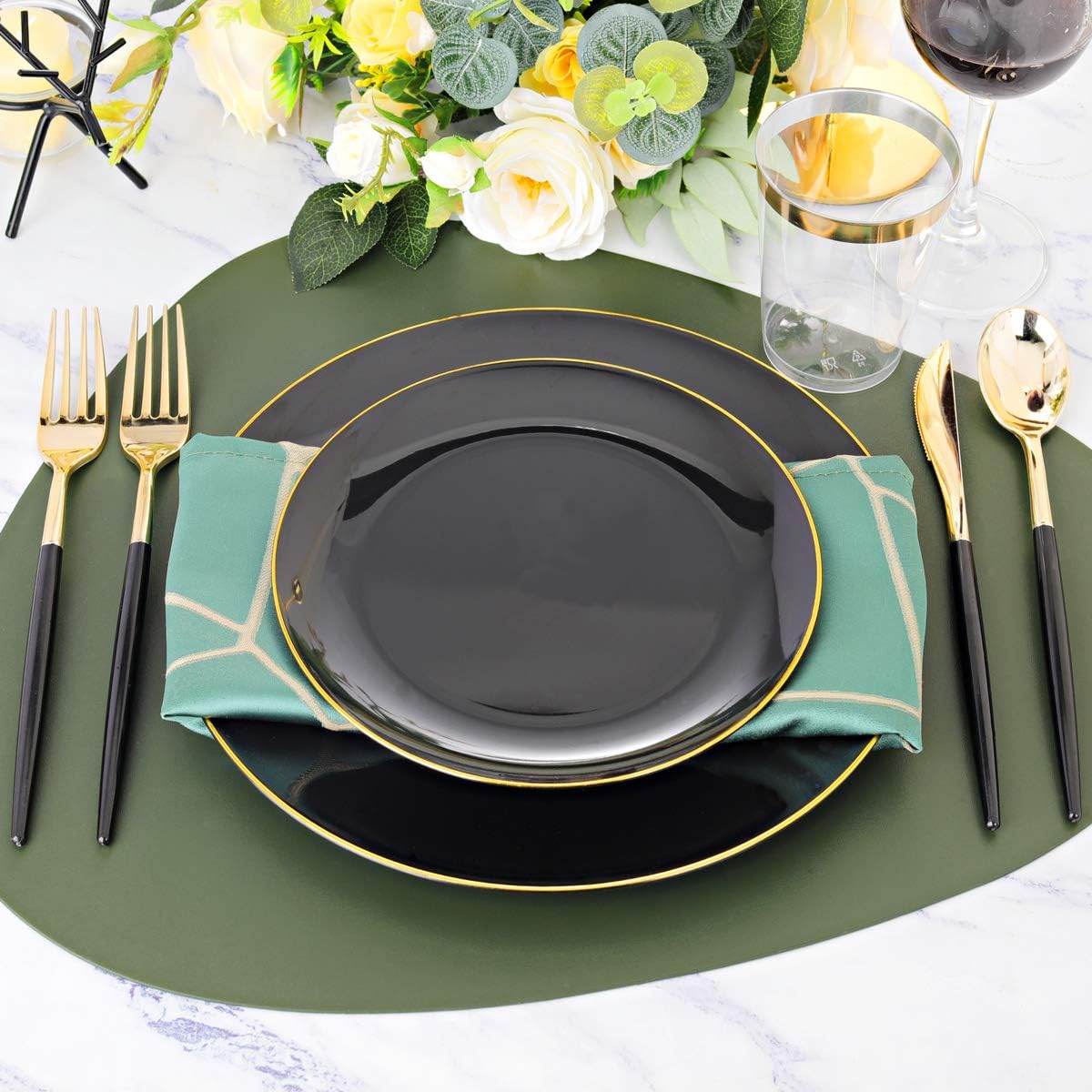 Supernal 350pcs Black Plastic Dinnerware Set - Black and Gold Plastic Plates, Gold Silverware Set, Wedding Party Plate, Cups Prefect for Halloween, Thanksgiving, Christmas Party and New Year