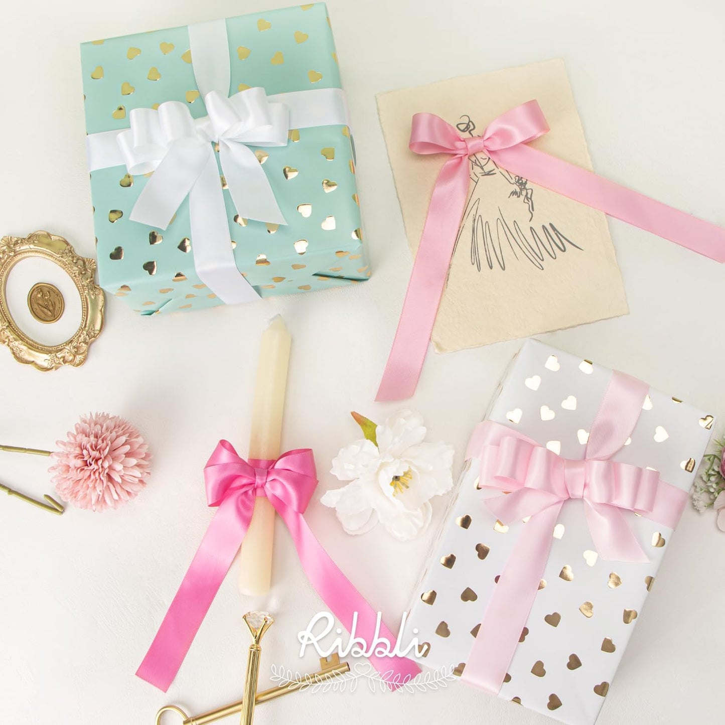 Ribbli Satin Ribbon 1 Inch x 4 Rolls Total 40 Yards - White/Light Pink/Hot Pink for Gift Wrapping, Craft, Wedding Decoration