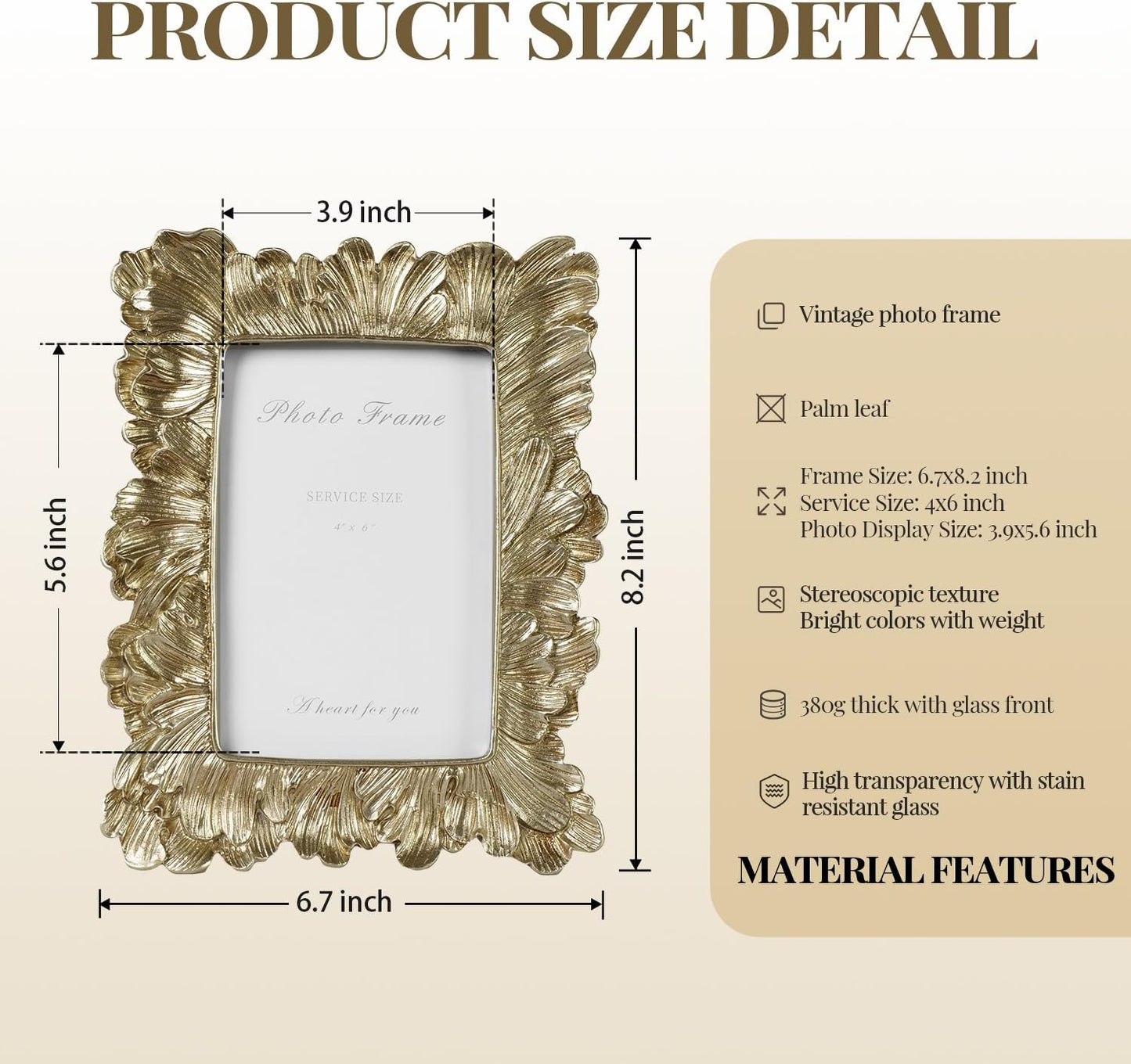 Cuspin Vintage Picture Frame 4x6 Frames, Gold Palm Leaves Textured Hand-Crafted Resin with Glass Front Elegant Retro Vintage Design Photo Frame for Wall and Tabletop Display Home Decor