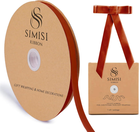 Burnt Orange Velvet Ribbon 3/8'' 25 Yards for Christmas Tree, Gift Wrapping, Flower Bouquet, Wreath Decorations, Bow Making