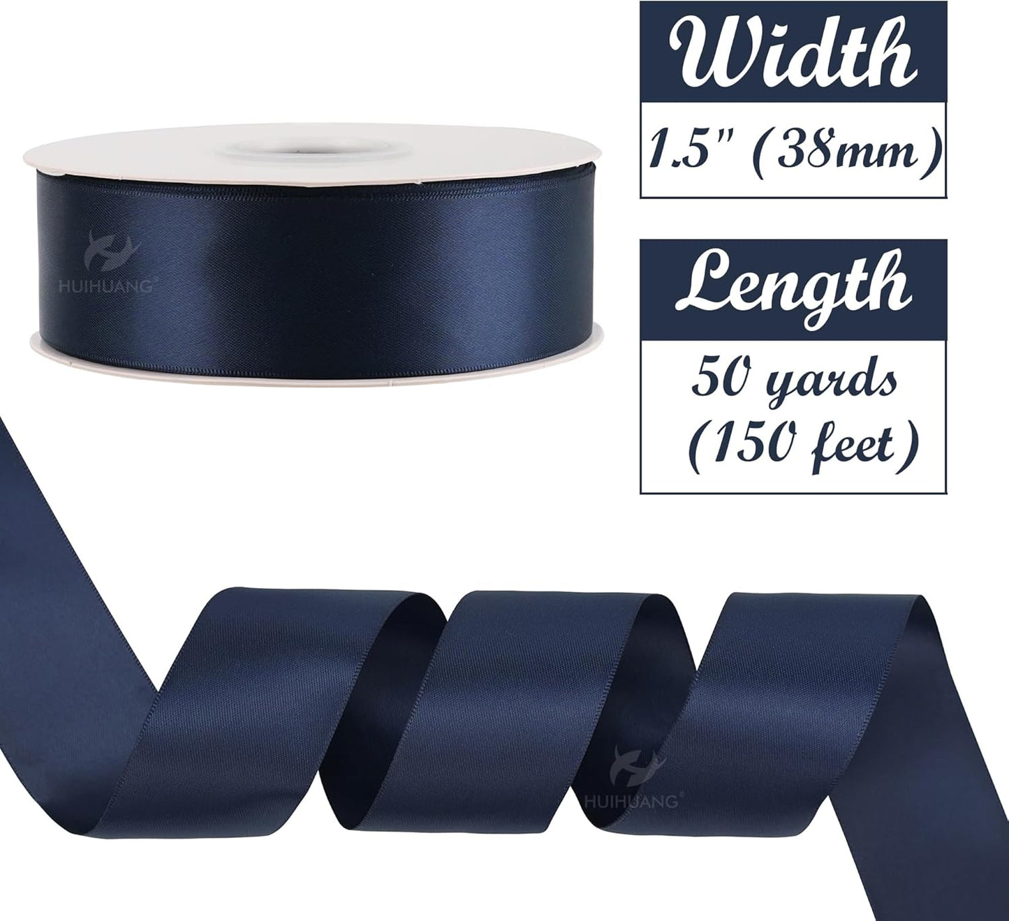 HUIHUANG 1-1/2 inch Double Face Satin Ribbon, Polyester Satin Navy Blue Ribbon 50 Yards/Roll for Gift Wrapping Bows Making Floral Bouquet Wedding Invitations Decor Party Favor and Craft Supplies