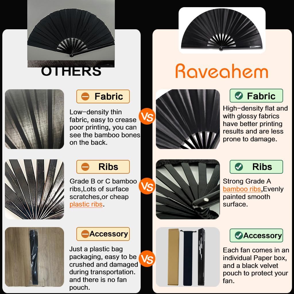 13" Large Rave Fan Bamboo, Folding Clack Hand Fans Foldable for Men Women, Boots on the Ground Poping Fan for EDM Festival Line Dance Decoration, (Black2, Large 13")