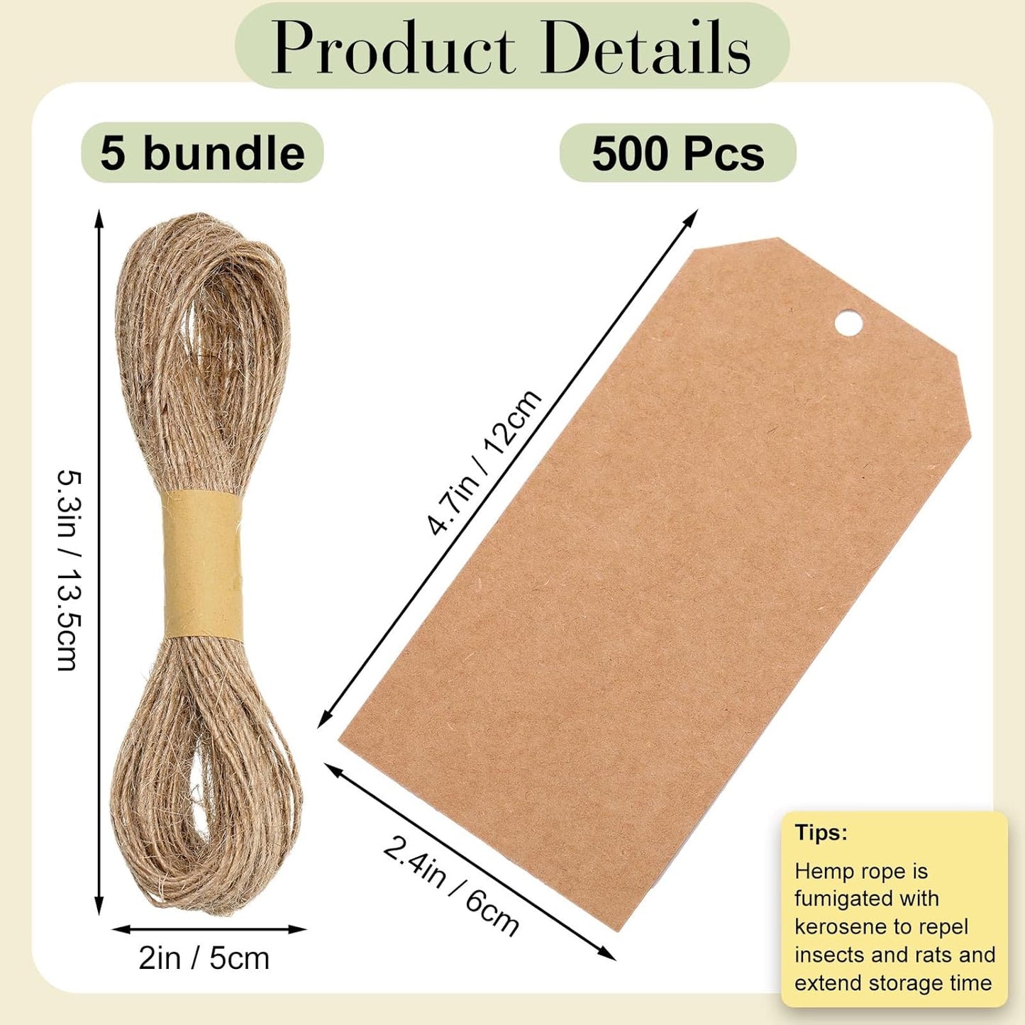 500 Pcs Kraft Paper Gift Tags with String 4.7" x 2.4" Cardboard Price Tag Name Tag Vintage Wedding Birthday Hang Brown Tags with Twine Blank Gift Tag for Wedding Birthday Holiday Art & Craft
