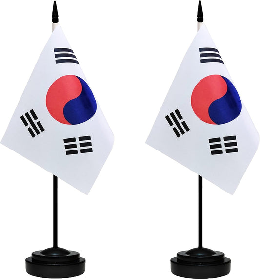 South Korea Korean Deluxe Desk Flag Set Small Mini Miniature South Korea Korean Table Desktop Flags With Solid Pole, Black Base and Spear Top(2 Pack)