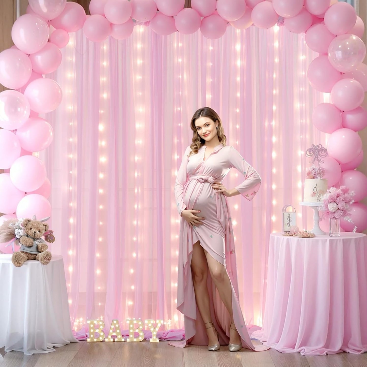 10x10ft Pink Chiffon Backdrop Curtain with Lights for Wedding Parties Baby Shower, Pink Sheer Backdrop Curtains for Girls Birthday Party Bridal Shower Photo Shoot Decor (5×10ft, 2 Panels)