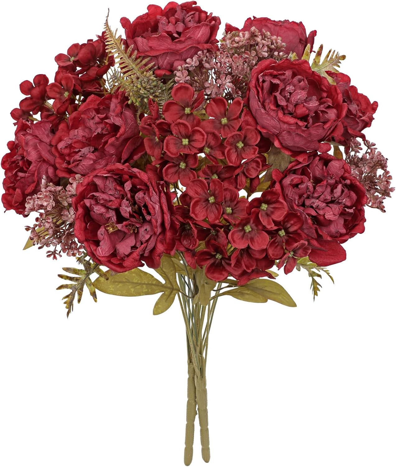 Hollyone 2 Bundles Artificial Fall Flowers Bouquet 18.8" Red Peony Hydrangea Fake Fall Floral Silk Flowers Autumn Faux Flower Arrangement for Home Wedding Table Centerpieces Thanksgiving Party Decor