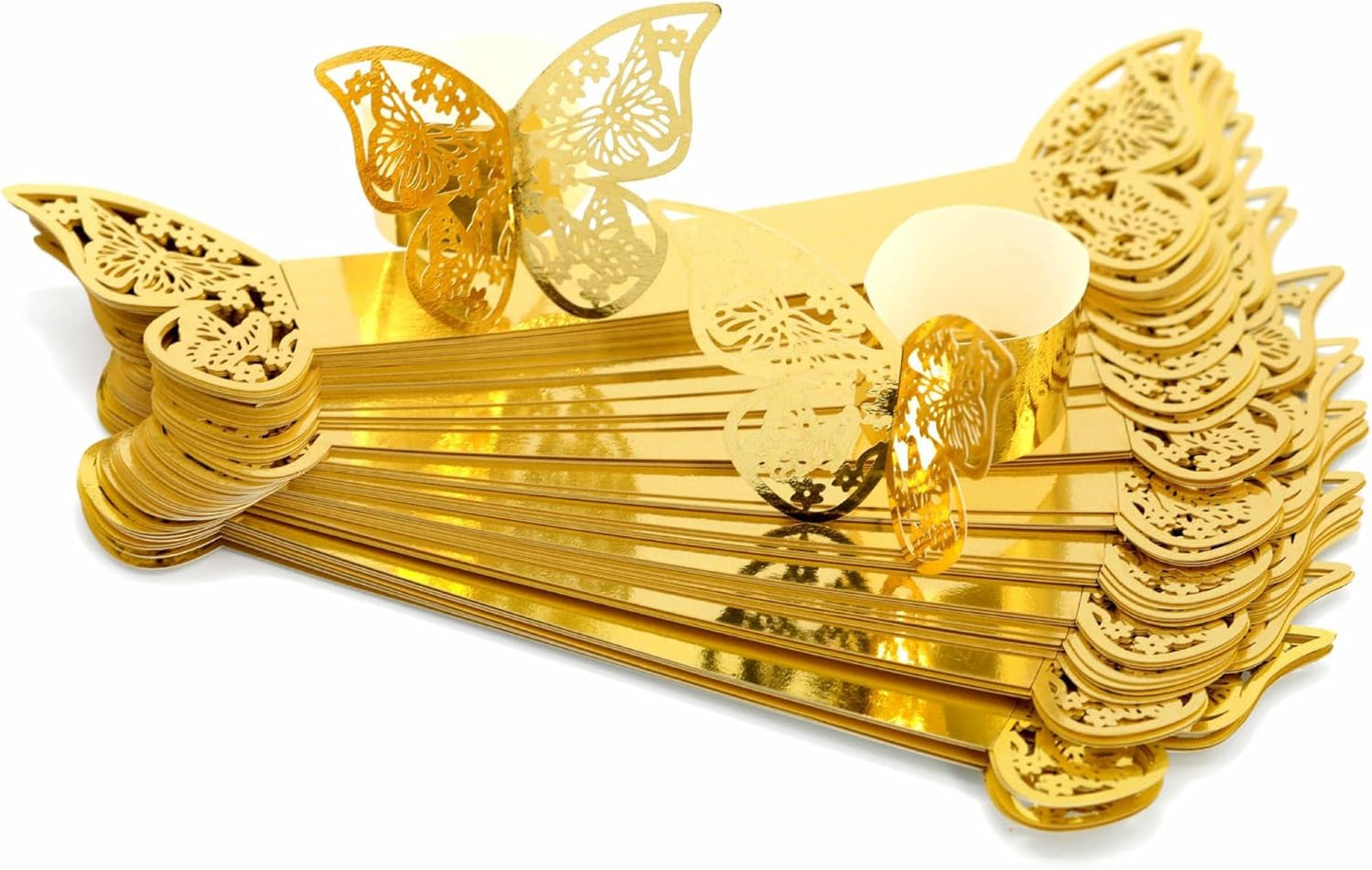 100 Pcs Napkin Rings Laser Cut Butterfly Shape Foil Paper Napkin Holder for Weddings Party Serviette Table Decoration Restaurant (Gold)