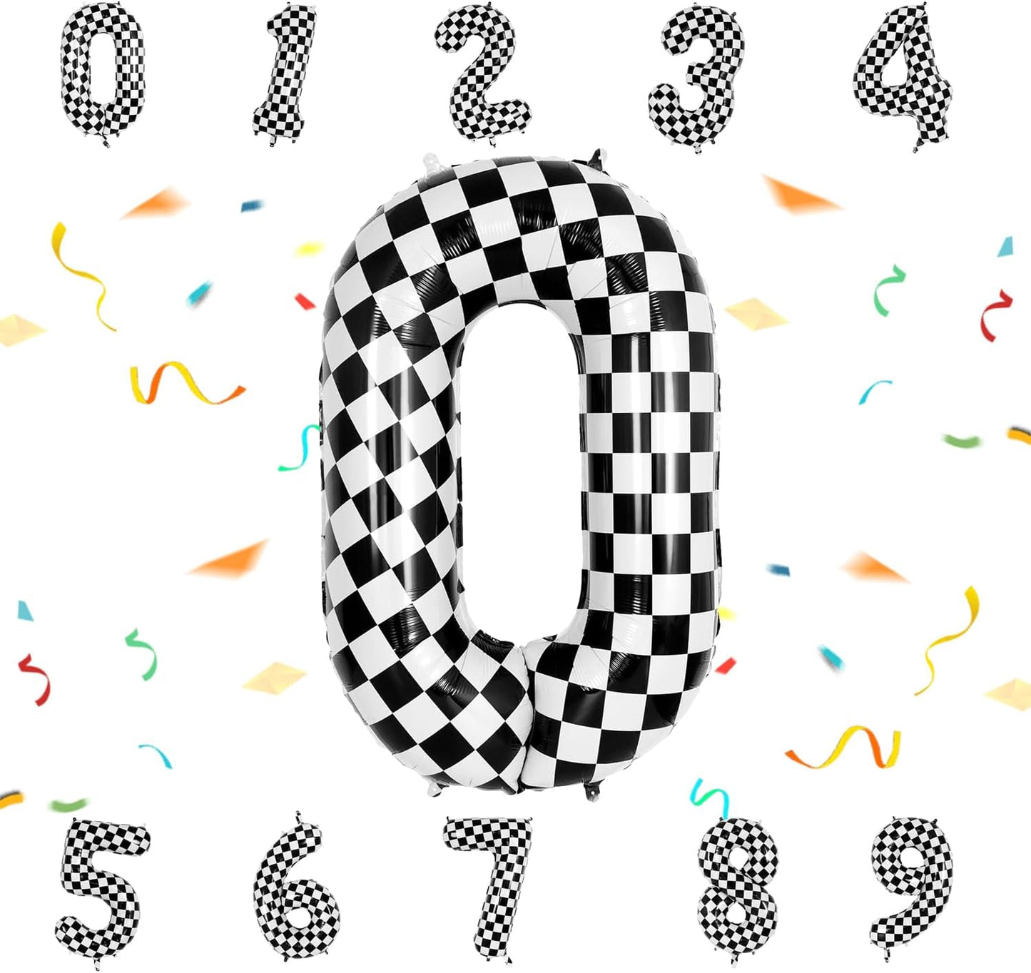 40 Inch Checkered Number Balloon - Race Flag Pattern Big Helium Balloon for Birthday Party Decorations - Black & White Balloon for Kids Adults Party Supplies (Racing Car, Number 0)