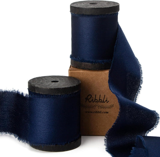Ribbli Navy Blue Silk Satin Ribbon 1.5 Inch x 12 Yard Handmade Frayed Chiffon Ribbon with Wooden Spool for Gift Wrapping Wedding Invitations Bridal Bouquets Home Decor