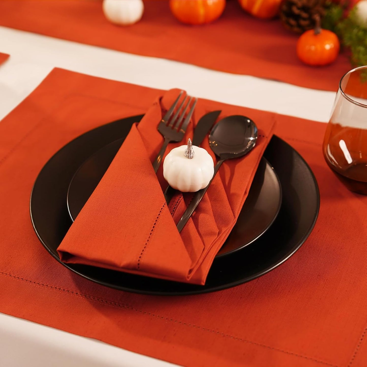 Cotton Linen Dinner Napkin Set of 4 – Hemstitch Pumpkin Cloth Dinner Napkin-20 x 20 Inch – Washable Fabric for Fall, Halloween, Thanksgiving, Everyday Dining & Décor – Serena