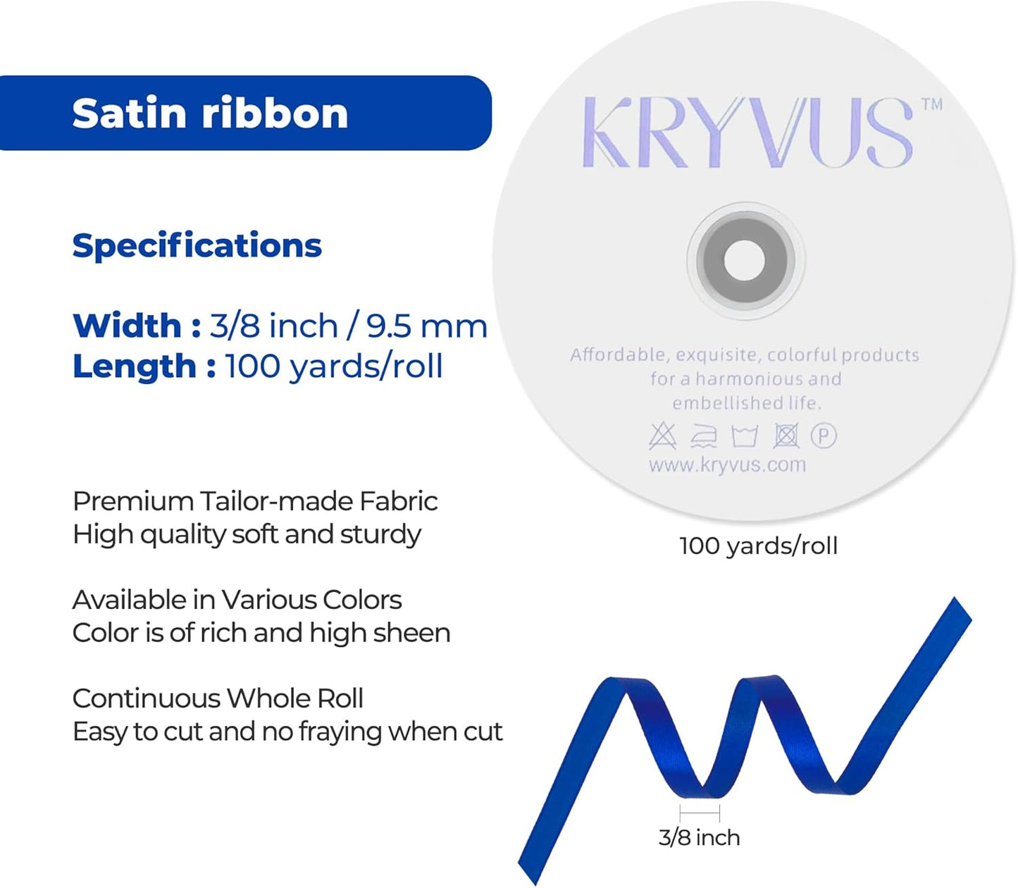 Dark Royal Blue Satin Ribbon 3/8 inch X Continuous 100 Yards, Single Face Polyester Ribbon Perfect for Gift Wrapping, Flower Bouquet, Wedding Decor, Crafts, Bow Making, Sewing and More