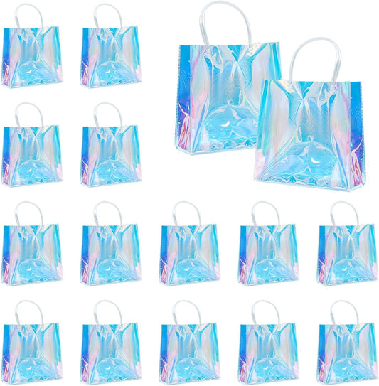 Vankcp 16 PCS Mini Party Favor Bags, 5.9×6.3inch Clear PVC Gift Bags with Handles, Iridescent Clear Bags, Holographic Gifts Bag for Birthday Weddings Party Favors Gifts