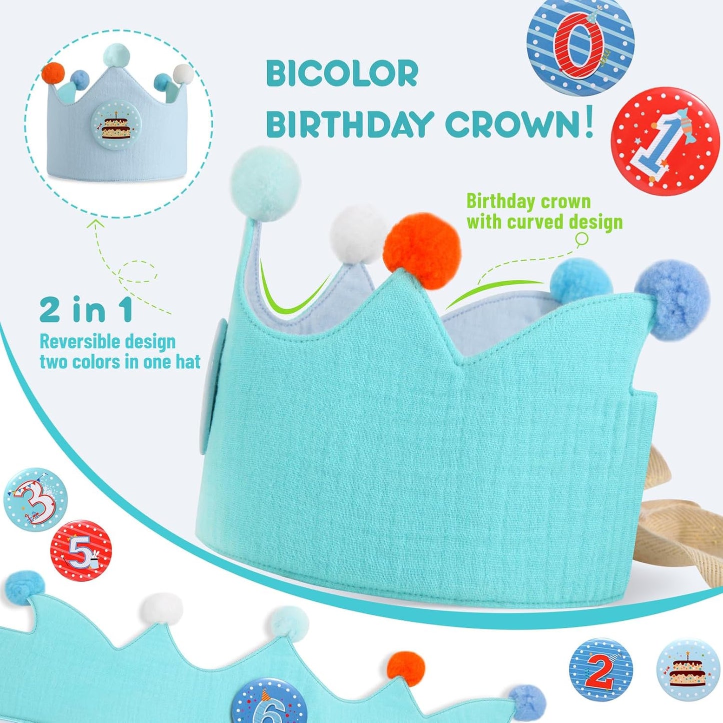 Reusable Birthday Crown with Numbers,Kids Birthday Hat Fabric Crown Pertain Kids Boy Toddler Girl Baby Bday Hats