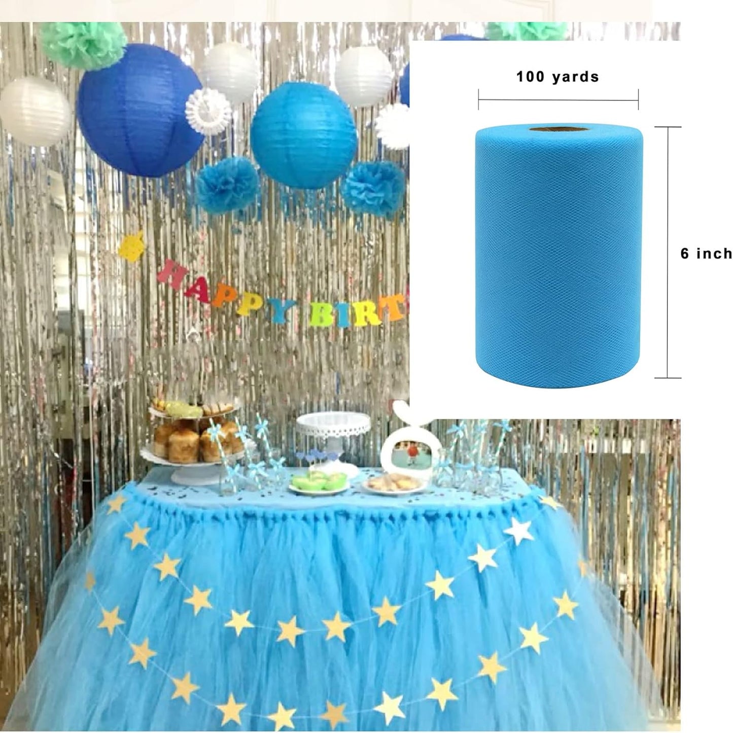Turquoise Tulle Fabric Roll 6 Inch X 300 FT (100 Yards) Matte Tulle Ribbon Netting Mesh Spool for DIY Tutu Skirt Wedding Bow Gift Wrapping Baby Shower Christmas Party Halloween Decorations