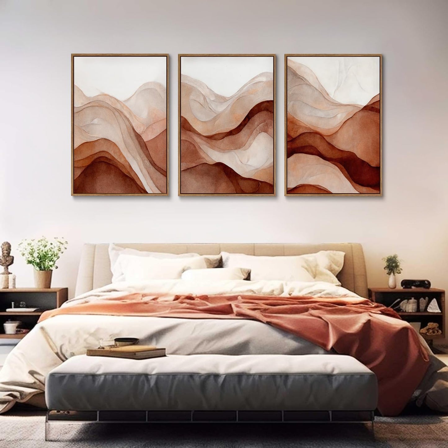 myusuar 3 Piece Large Abstract Framed Wall Art For Living Room, Smoke Texture Ink Warm Brown Terracotta Canvas Wall Art Modern Minimalist Art Prints Wall Décor For Bedroom Office 16x24in