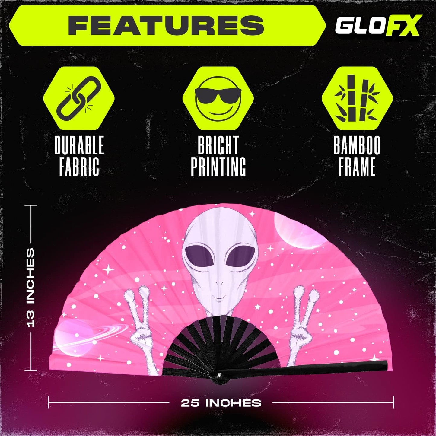 GloFX Rave Fan - Pink Alien - Large Folding Fan -Large Folding Fan for Rave Essentials, Festival Fans, and Alien Accessories - Hand Held Fan for Festival Outfits & EDM Vibes