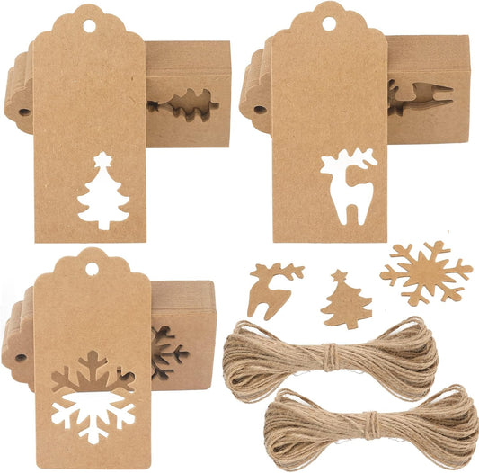 jijAcraft Christmas Gift Tags - 150Pcs Christmas Tags with String, Blank Kraft Paper Hollow Trees, Rudolph, Snowflake Shapes Holiday Labels for Xmas Party Favors, DIY Crafts, Jar