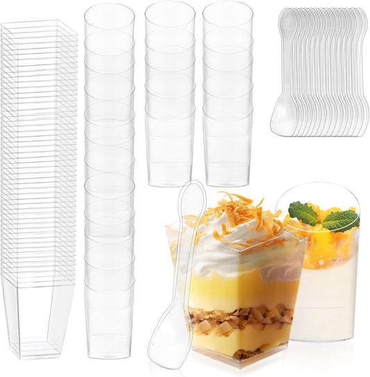 300 Pack Mini Dessert Cups with Spoons – Clear Plastic Parfait Cups for Parties, Ice Cream, Pudding, Fruit Shooters (3oz & 5oz, Oval & Square). Perfect for Appetizers & Entertaining