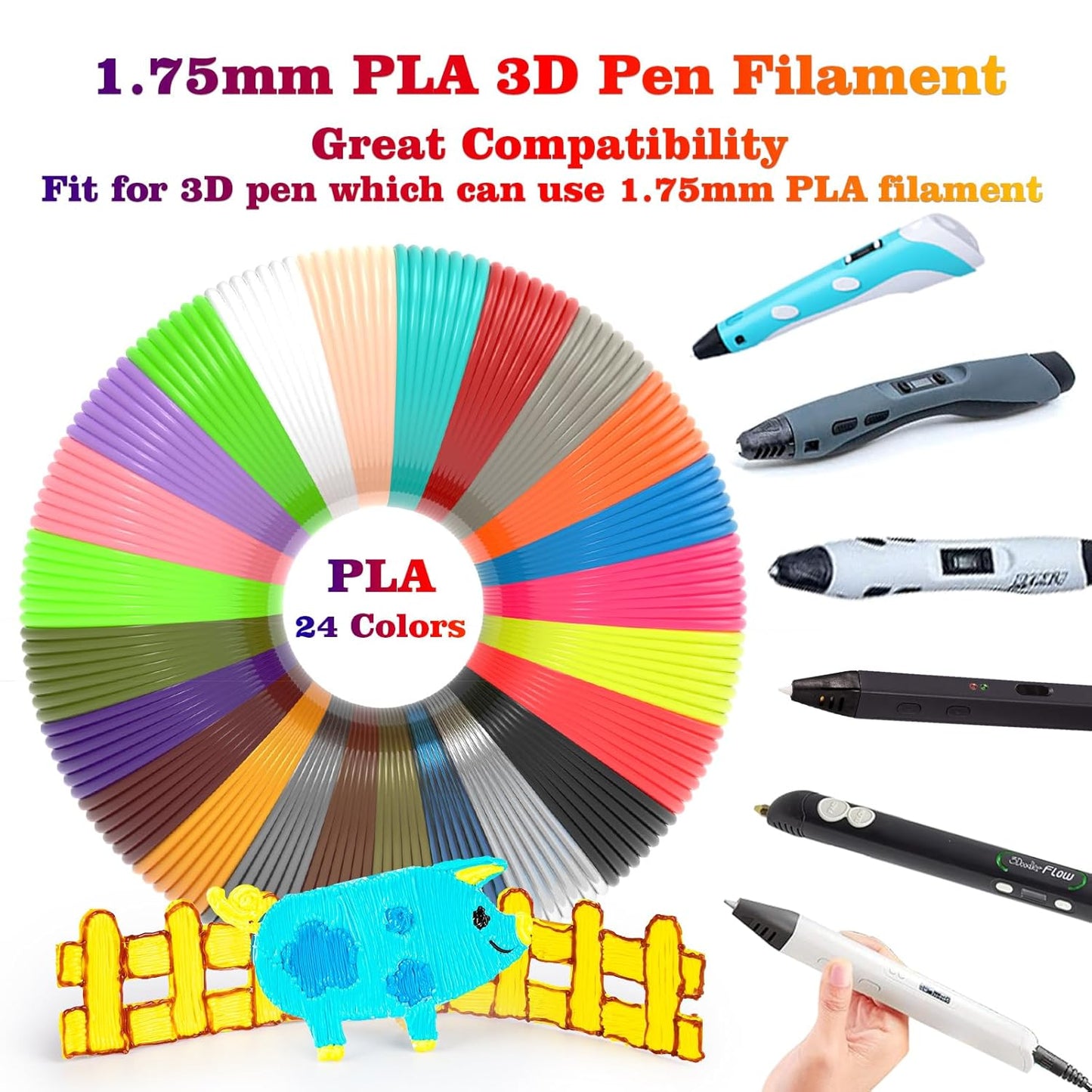 3D Printing Pen Refills PLA Filament 1.75mm 24 Vibrant Colors 240 Feet, Each Color 3 Meters (10 Feet) - 250 Stencils eBooks - Fit for SCRIB3D P1 and MYNT3D Pens