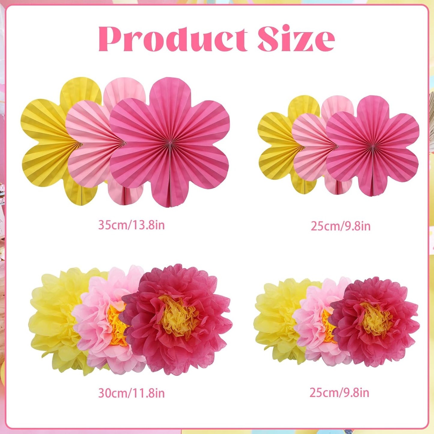 BestoFun 12PCS Paper Flowers Fans Hot Pink Yellow Party Decorations Tissue Paper Flowers Decorations for Girl Groovy Birthday Baby Shower Wedding Bachelorette Room Wall Hanging Décor