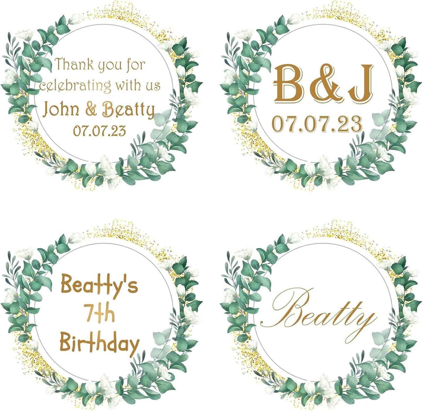 Custom Stickers for Weddings, Birthdays & Businesses - Personalized Labels with Your Logo - Waterproof, Fade and Heat Resistant - Pack of 100-1000 (Wreath V, 1.5 Inch)