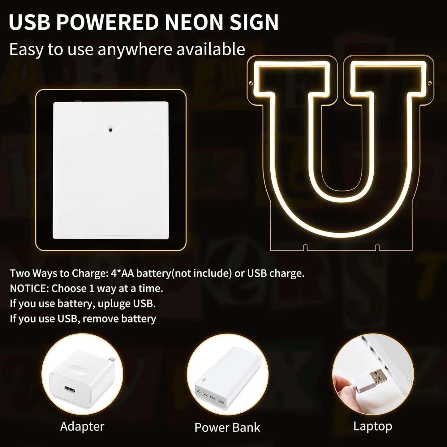 Light Up Letters U, Led Marquee Letter Lights Neon Sign, 13.9" Height Decorative Lighted Alphabet Number, Battery/USB Powered Led Letters Lights for Wedding, Birthday, Party, Christmas or Home Decor