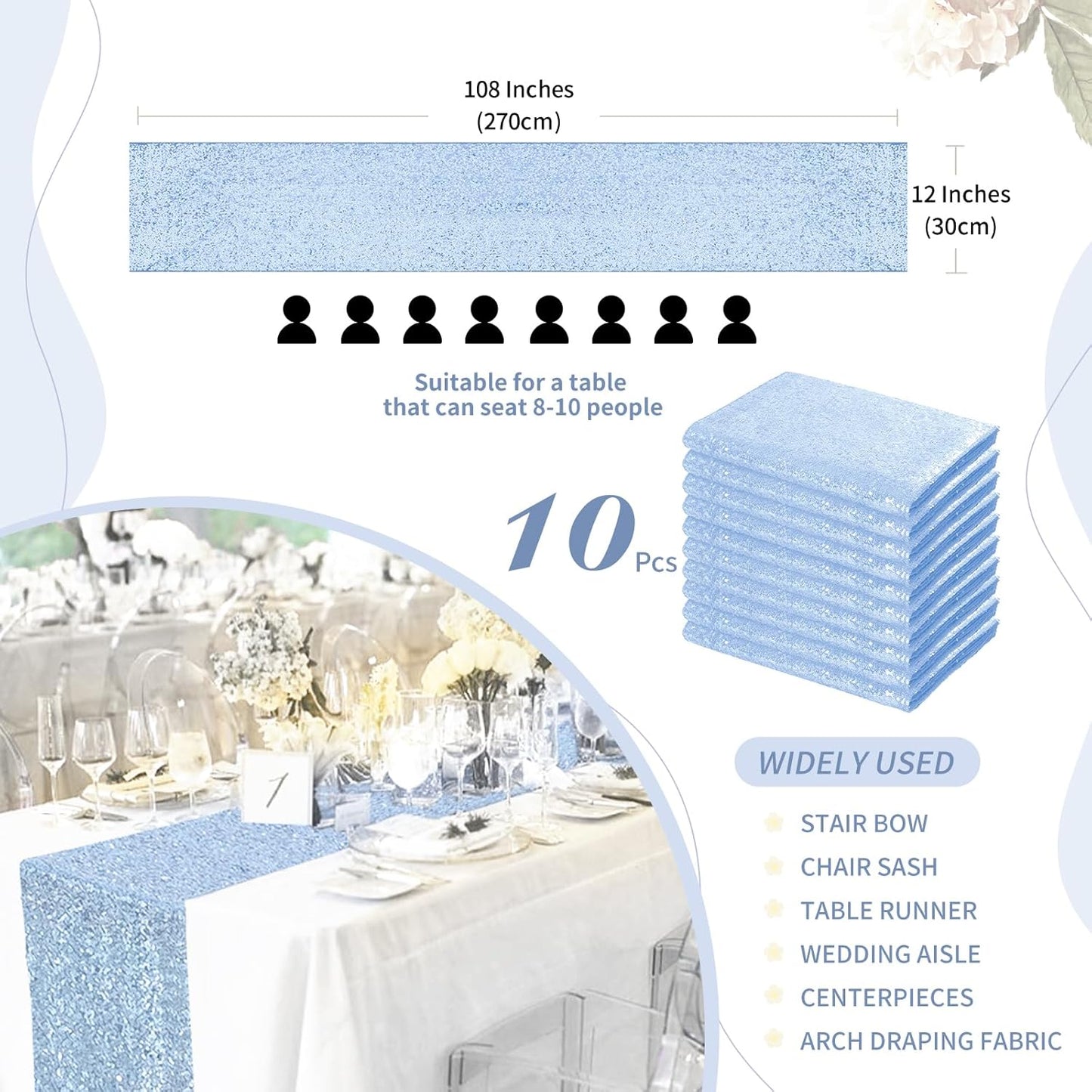 Glitter Sequin Table Runners 10 Pieces 12x108 Inchs Baby Blue Elegant Wedding Sparkly Table Runner Birthday Bachelorette Celebration Decorations Supplies