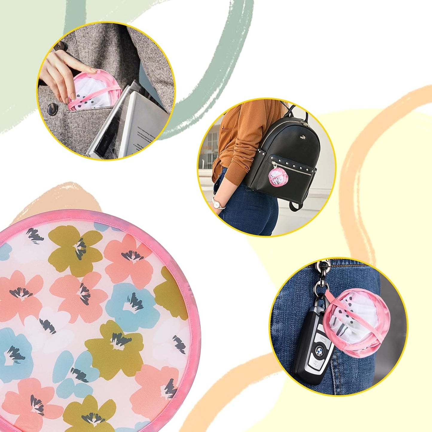 4 Styles Flower Round Foldable Hand Fan Japanese Foldable Fan Style Handheld Foldable Compact Cooling Fans,Round Folding Fan for Outdoor Games,Xmas Decoration,Festival,Party Favors,Travel,Events