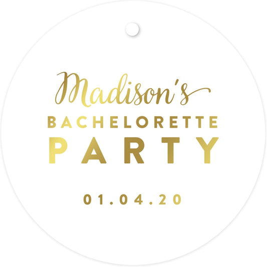 Andaz Press Personalized Round Circle Wedding Gift Tags, Metallic Gold Ink, Bachelorette Party, 24-Pack, Custom Made Any Name, Gold Party Decor