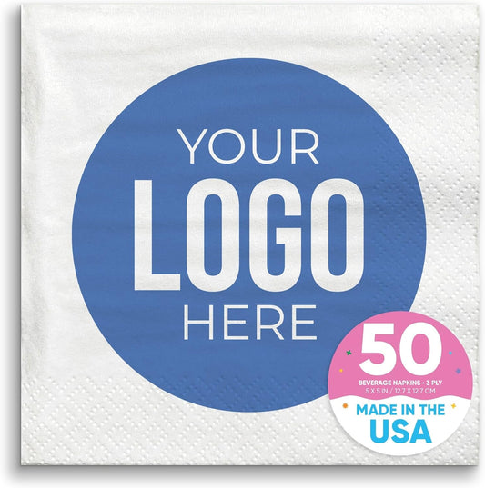 Big Dot of Happiness Custom Logo Party Napkins, Personalized Corporate Branded Business Decor, Your Logo Here White 3-Ply Paper Beverage Napkins - 50 Count