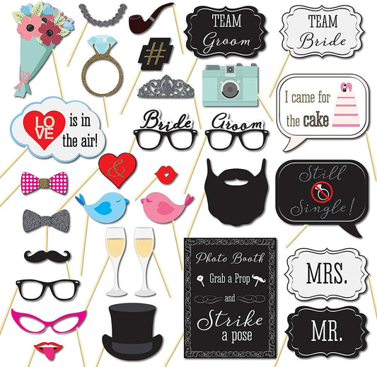 Wedding Photo Booth Props,31Pcs Set of Wedding Selfie Party Supplies&Decorations Supplies with Real Glitter Cute Wedding Backdrop and Selfie Station