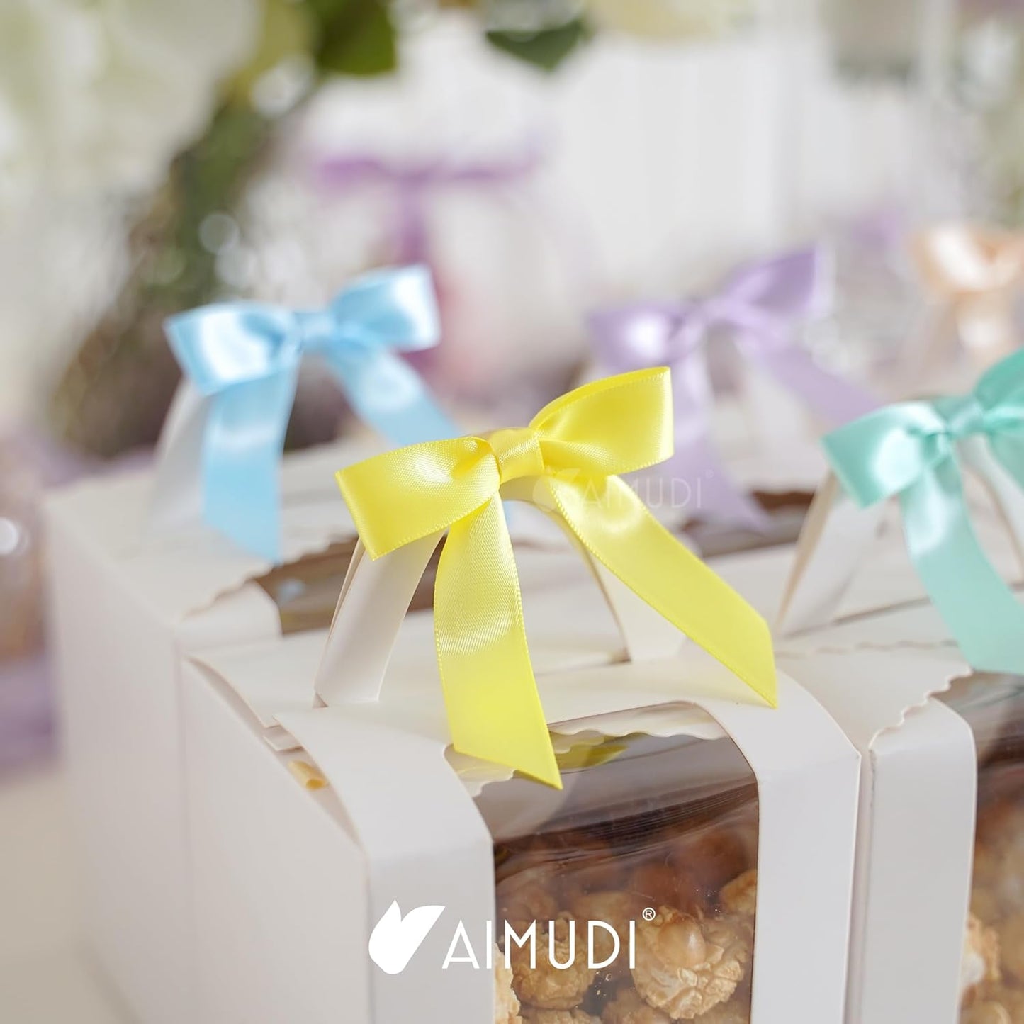 AIMUDI Pastel Bows 2.5" Satin Twist Tie Bows for Gift Wrapping Premade Satin Bow for Making Crafts Treat Bag Baby Shower Birthday Party Wedding Easter Decoration, 60 PCs