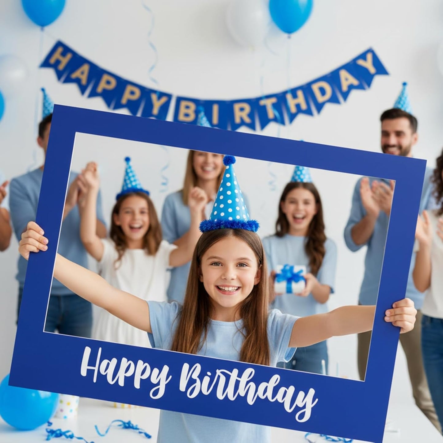 32 x 24 Inch Large Photo Booth Props Picture Frame Happy Birthday Party Frame DIY Cutouts Photo Booth Props Selfie for Party Supplies Favors (Horizontal,Blue White)