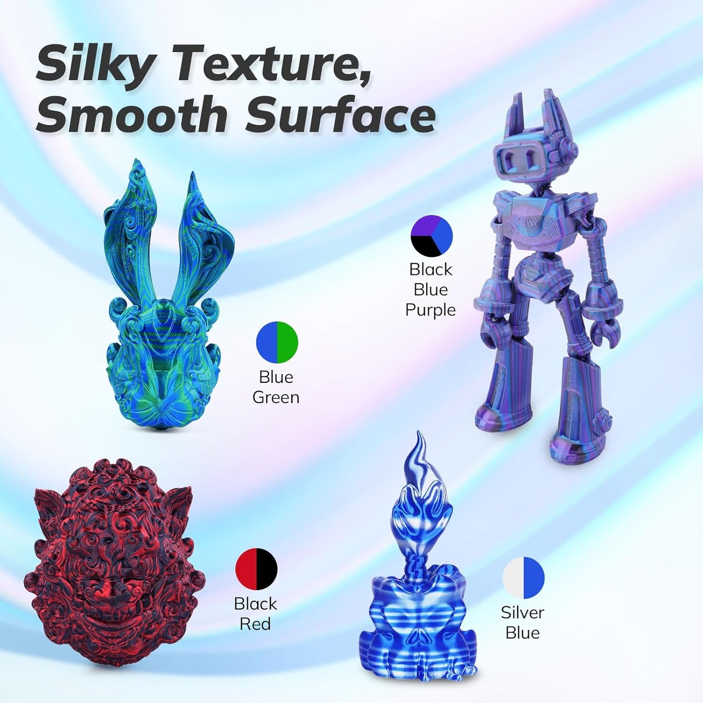 AMOLEN Silk PLA 3D Printer Filament Bundle, Shiny PLA Filament 1.75mm Multicolor Rainbow Pack, Fast Color Change PLA 3D Printing Filament for Most FDM 3D Printer, 1KG X 4 Spools