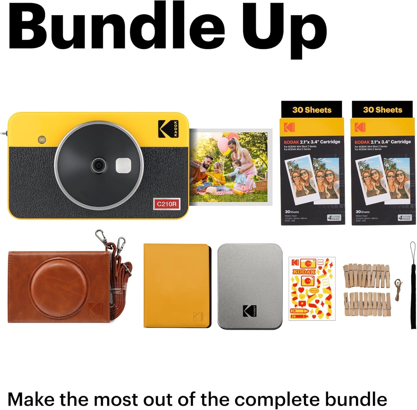 KODAK Mini Shot 2 Retro 4PASS 2-in-1 Instant Digital Camera and Photo Printer (2.1x3.4 inches) Initial 8 Sheets + 30 Sheets Gift Bundle, White